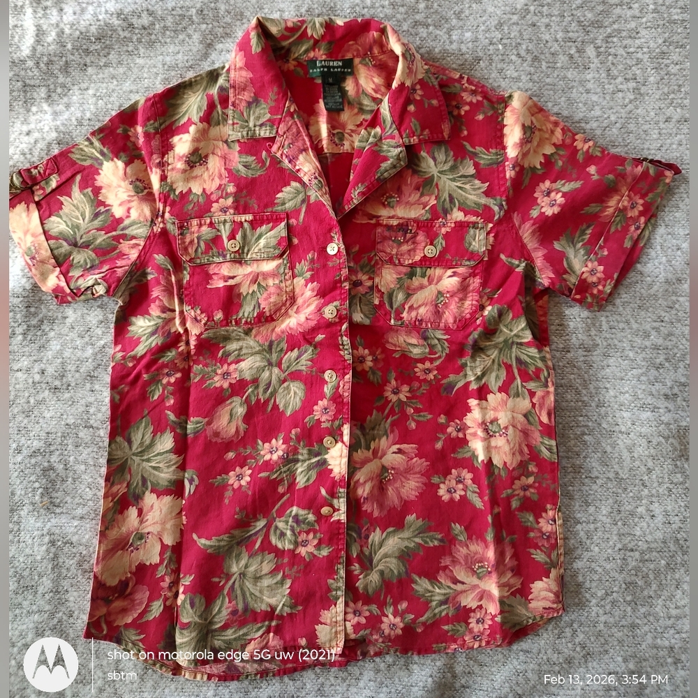Lauren Ralph Lauren Floral Red Short Sleeve Shirt Linen Medium